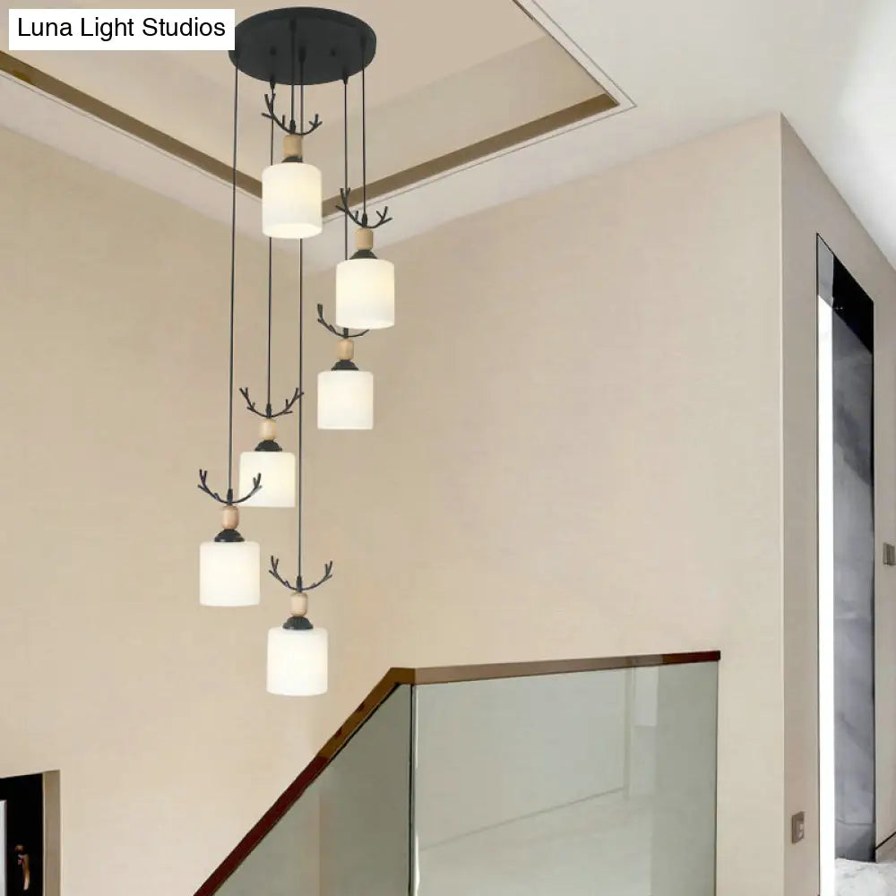 Opal Glass Modern Cylinder Pendant Light With Black Canopy For Stairs