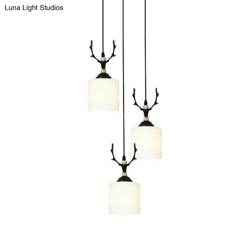 Opal Glass Stairs Pendulum Light: Modernist Cylinder Cluster Pendant In Black 3 / White C