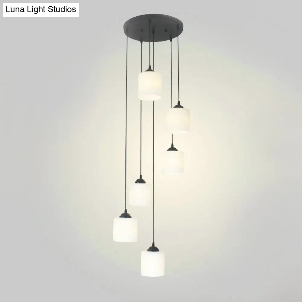 Opal Glass Modern Cylinder Pendant Light With Black Canopy For Stairs