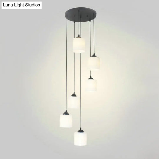 Opal Glass Modern Cylinder Pendant Light With Black Canopy For Stairs