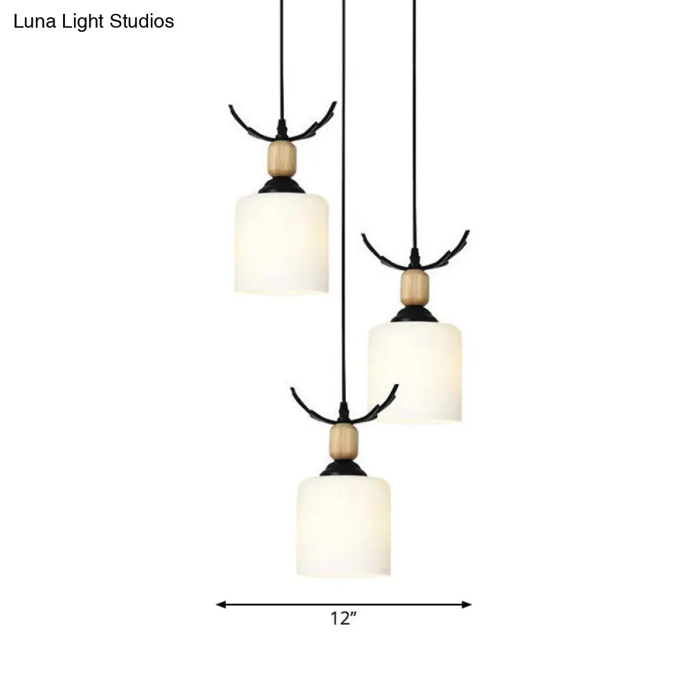 Opal Glass Stairs Pendulum Light: Modernist Cylinder Cluster Pendant In Black