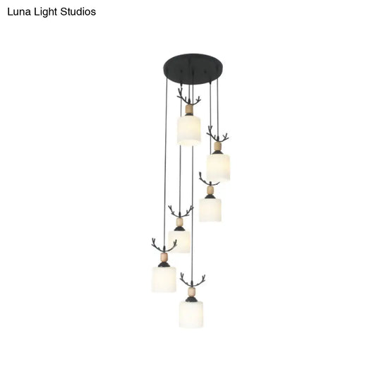 Opal Glass Modern Cylinder Pendant Light With Black Canopy For Stairs