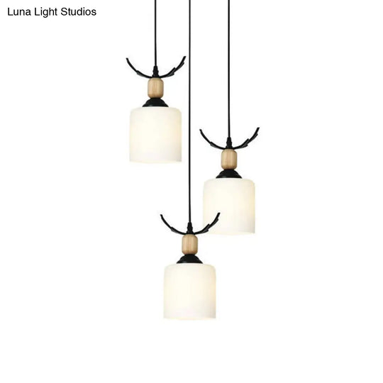 Opal Glass Stairs Pendulum Light: Modernist Cylinder Cluster Pendant In Black 3 / White B