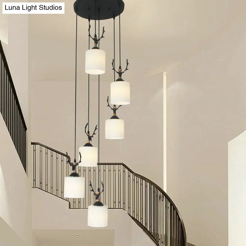 Opal Glass Stairs Pendulum Light: Modernist Cylinder Cluster Pendant In Black