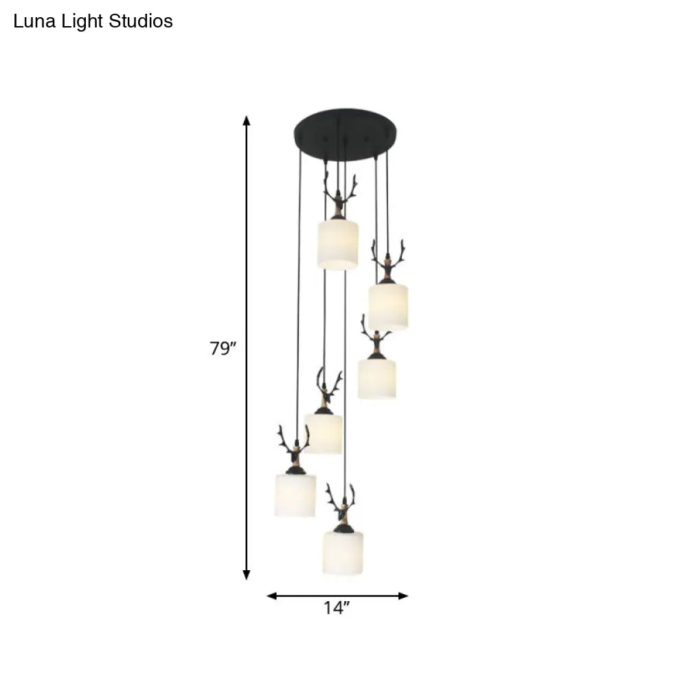 Opal Glass Stairs Pendulum Light: Modernist Cylinder Cluster Pendant In Black