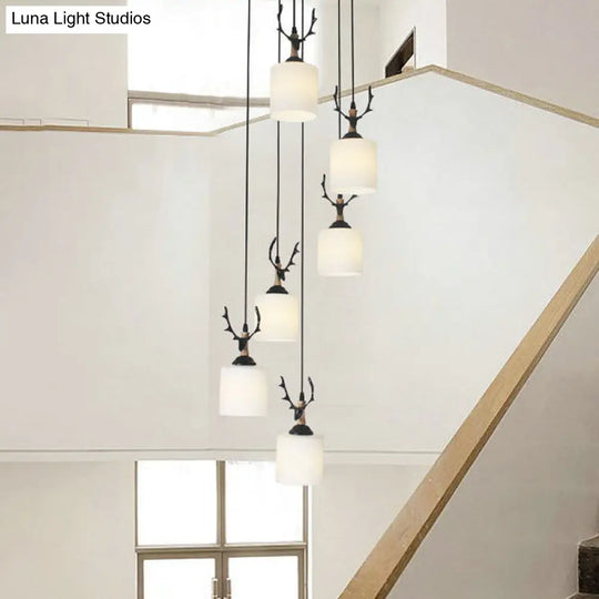 Opal Glass Stairs Pendulum Light: Modernist Cylinder Cluster Pendant In Black