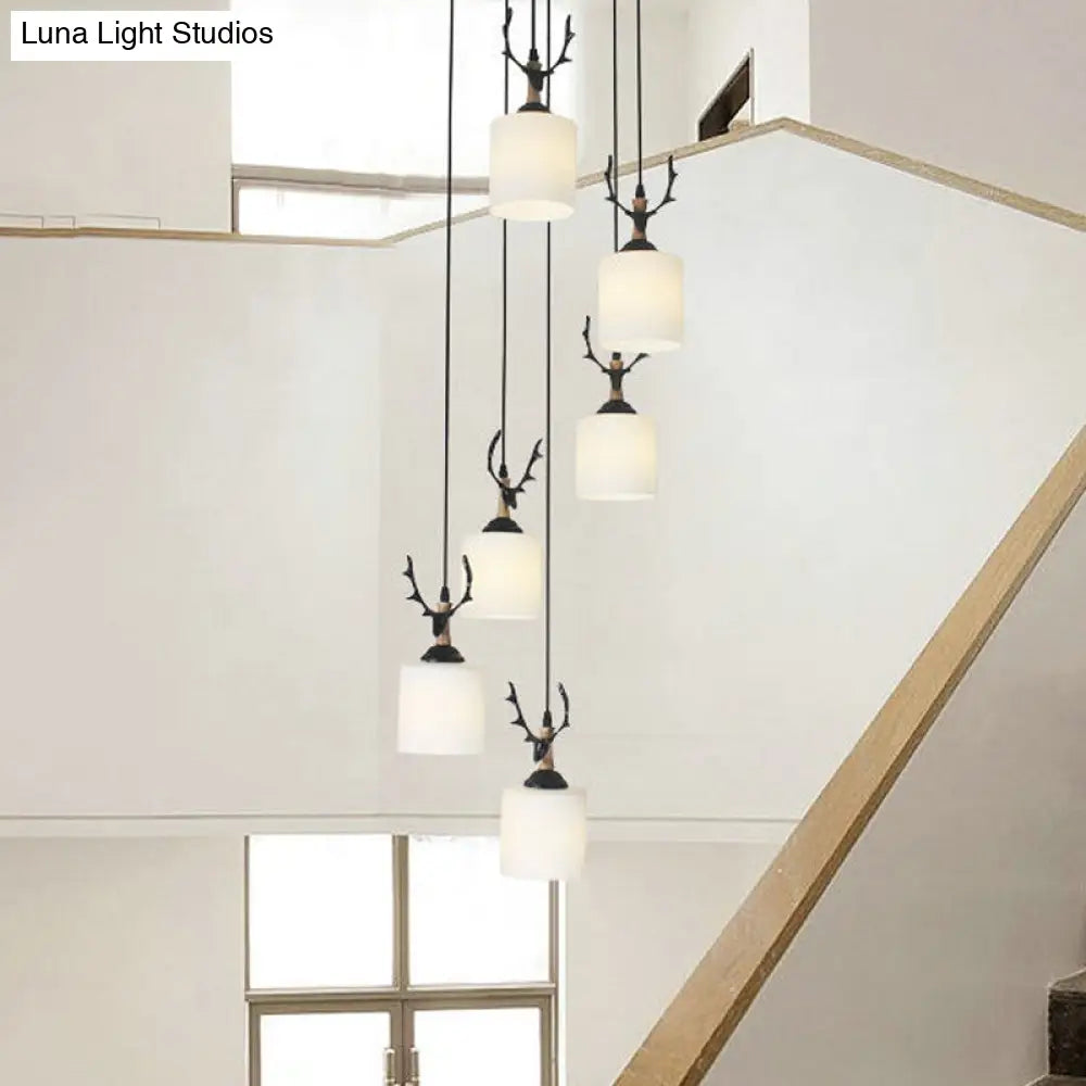 Opal Glass Modern Cylinder Pendant Light With Black Canopy For Stairs