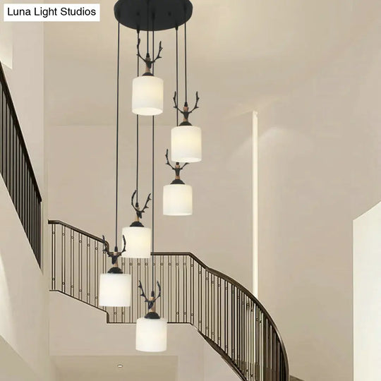 Opal Glass Modern Cylinder Pendant Light With Black Canopy For Stairs