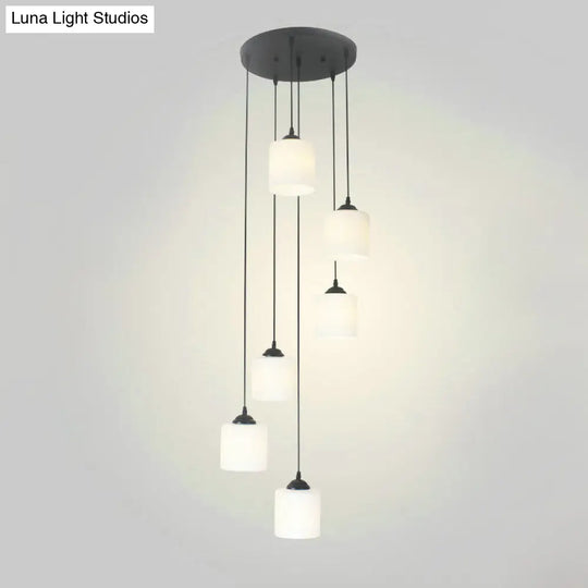 Opal Glass Stairs Pendulum Light: Modernist Cylinder Cluster Pendant In Black