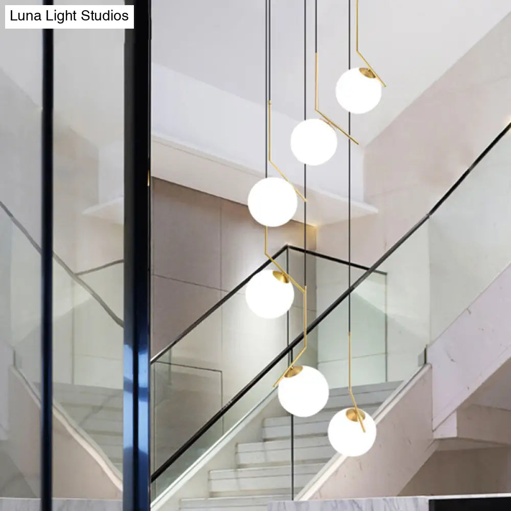 Opal Glass Staircase Pendant Light In Gold - Hanging Multi-Light With Ball Shade