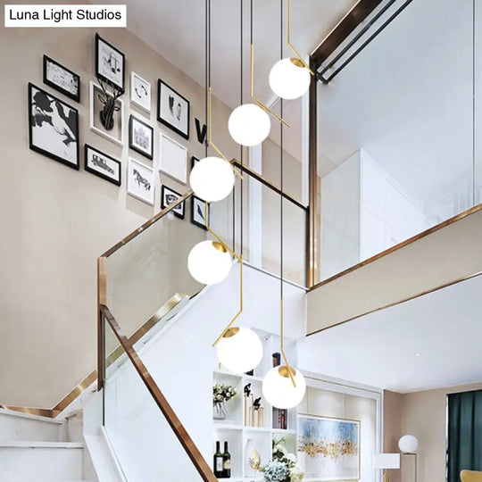 Opal Glass Staircase Pendant Light In Gold - Hanging Multi-Light With Ball Shade