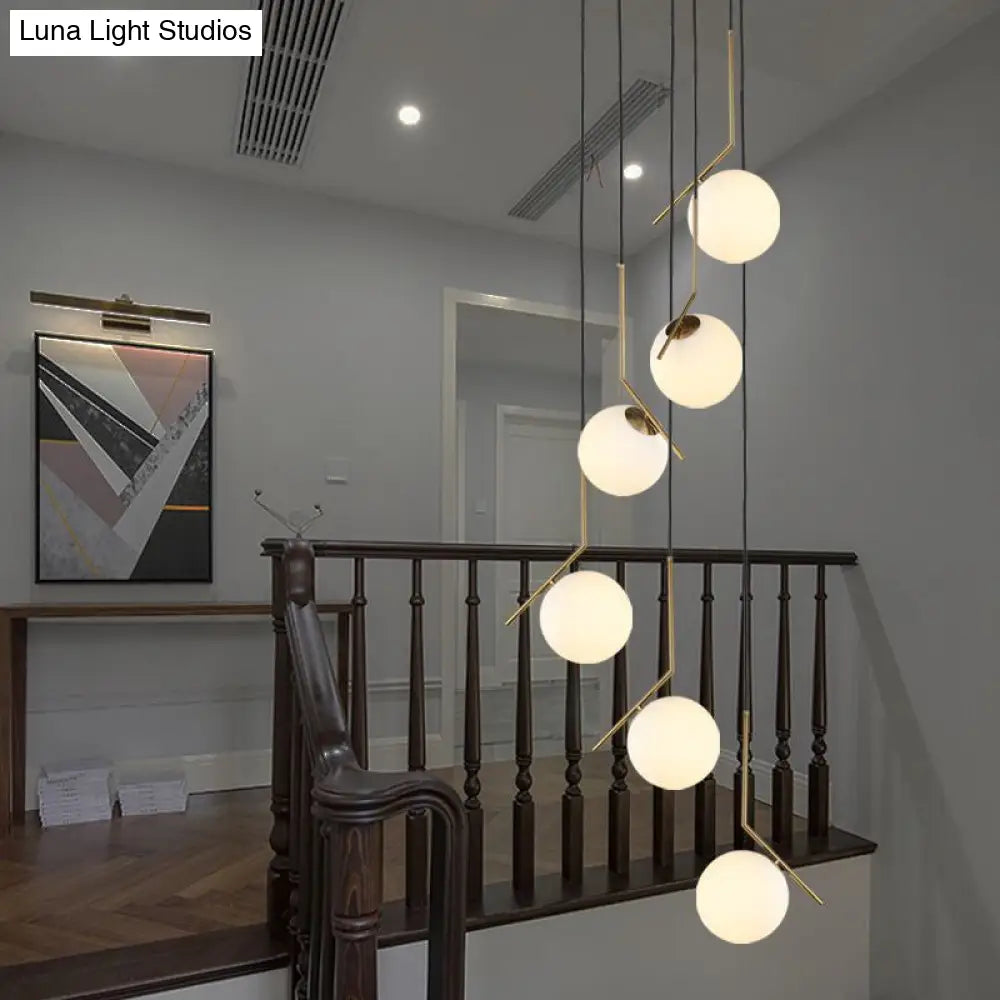 Opal Glass Staircase Pendant Light In Gold - Hanging Multi-Light With Ball Shade