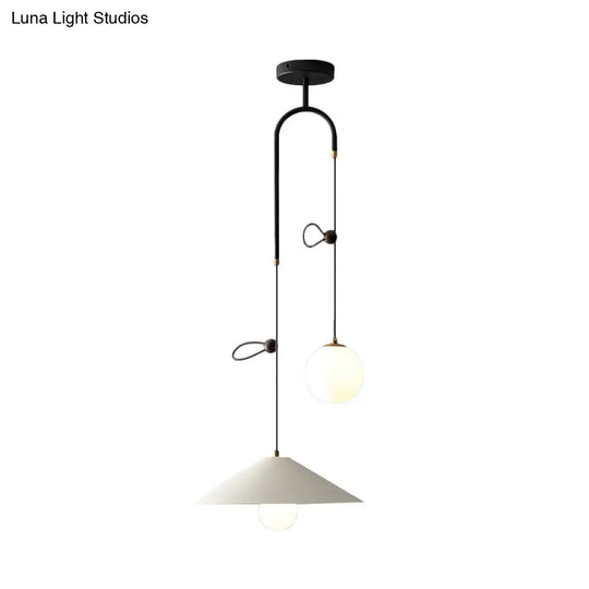 Opal Glass Multi Light Pendant Lamp With Iron Shade - Modern 2 Bulbs White/Black 10’/14’ Wide