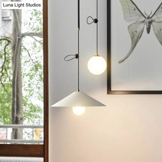 Opal Glass Multi Light Pendant Lamp With Iron Shade - Modern 2 Bulbs White/Black 10’/14’ Wide