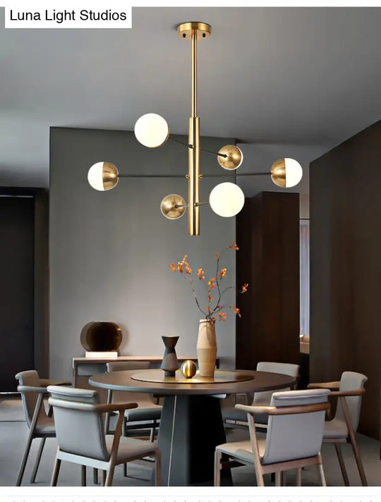 Opal Glass Pendant Chandelier - Elegant Gold Vertical Hanging Light For Dining Room