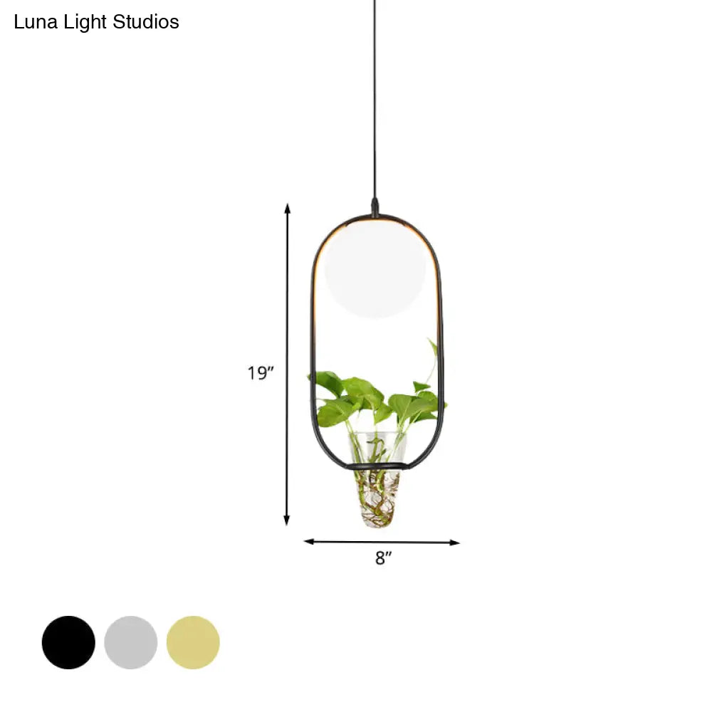Opal Glass Pendant Light With Oblong Cage And Plant Cup - Modern Loft Style Black/Grey/Gold Ideal