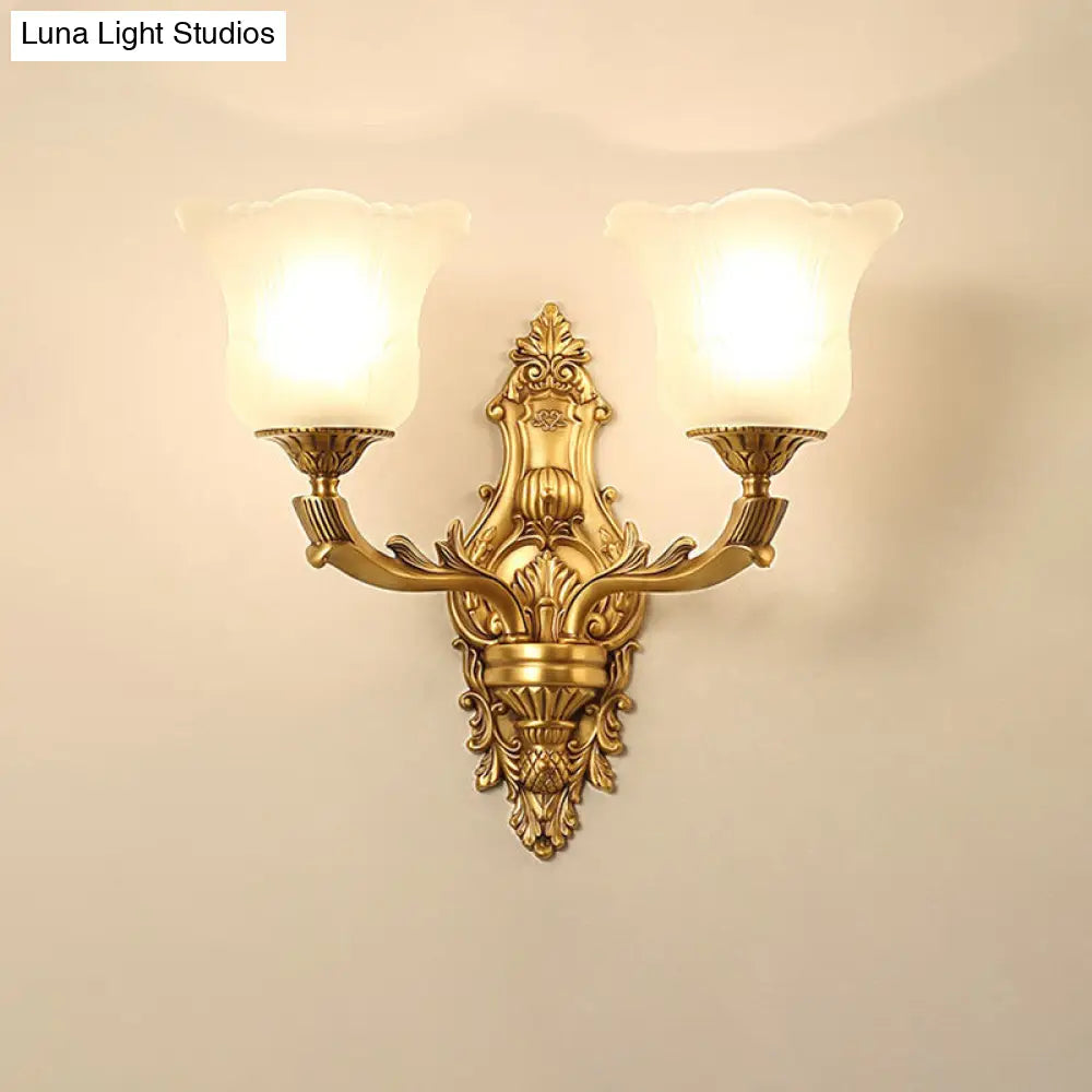 Opal Glass Petal Wall Sconce - Classic 1/2-Head Bedroom Light With Brass Carved Arm