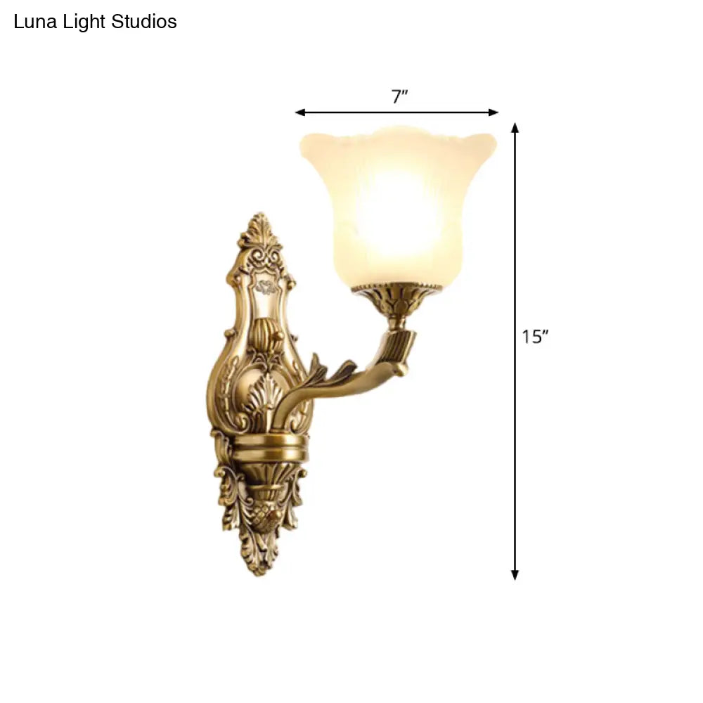 Opal Glass Petal Wall Sconce - Classic 1/2-Head Bedroom Light With Brass Carved Arm