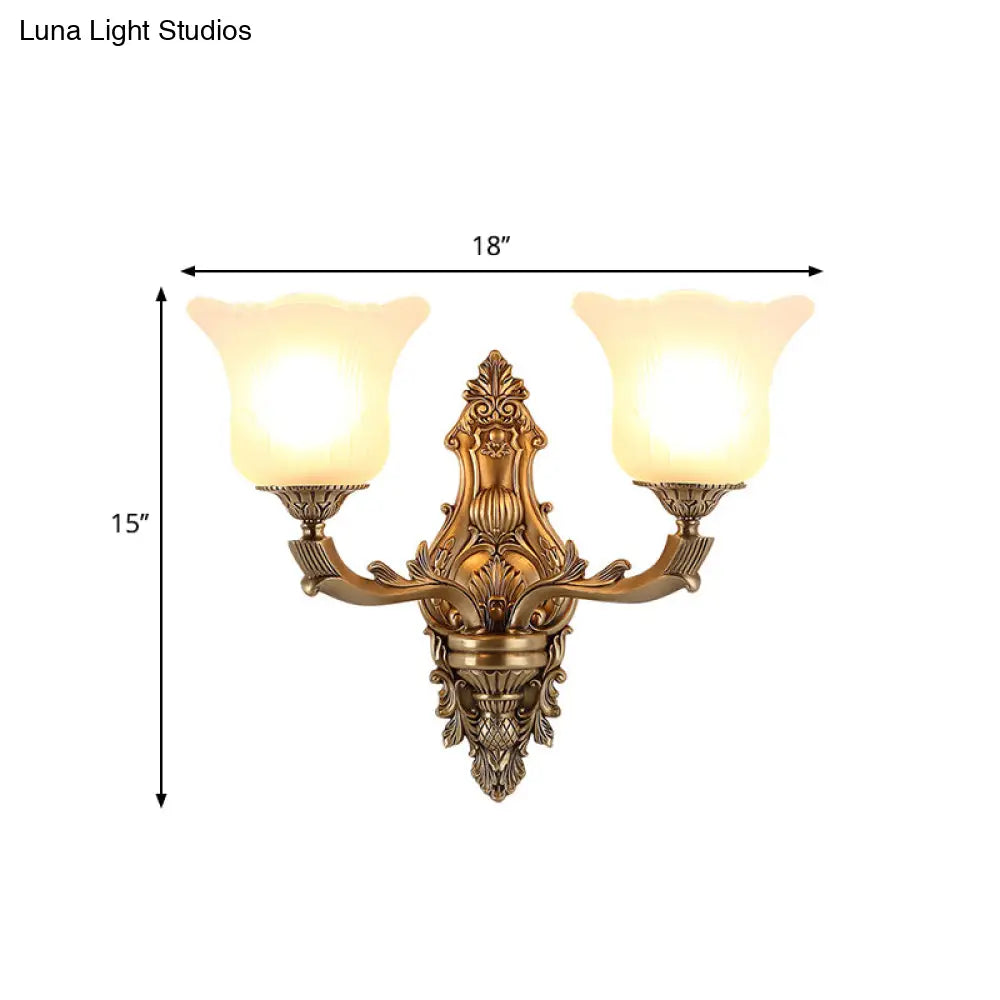 Opal Glass Petal Wall Sconce - Classic 1/2-Head Bedroom Light With Brass Carved Arm