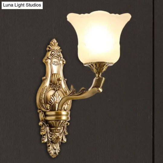 Opal Glass Petal Wall Sconce - Classic 1/2-Head Bedroom Light With Brass Carved Arm