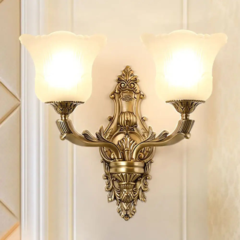 Opal Glass Petal Wall Sconce - Classic 1/2-Head Bedroom Light With Brass Carved Arm 2 /