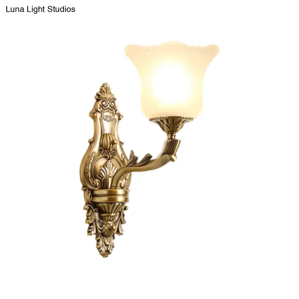 Opal Glass Petal Wall Sconce - Classic 1/2-Head Bedroom Light With Brass Carved Arm