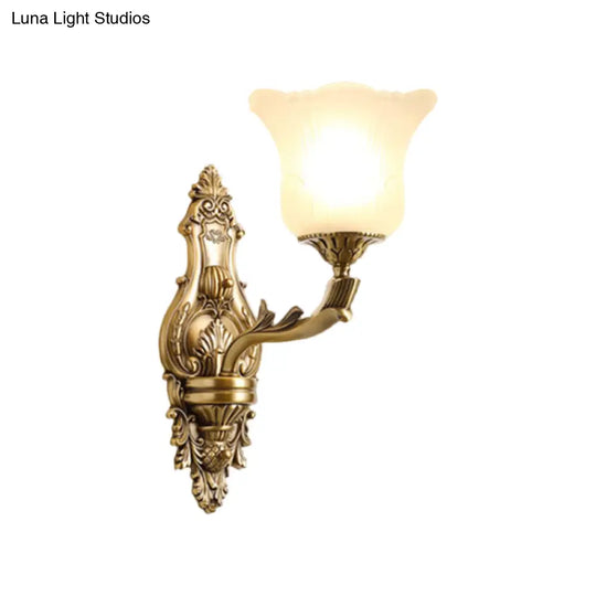 Opal Glass Petal Wall Sconce - Classic 1/2-Head Bedroom Light With Brass Carved Arm