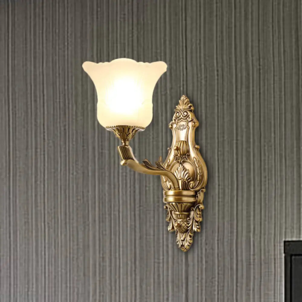 Opal Glass Petal Wall Sconce - Classic 1/2-Head Bedroom Light With Brass Carved Arm 1 /