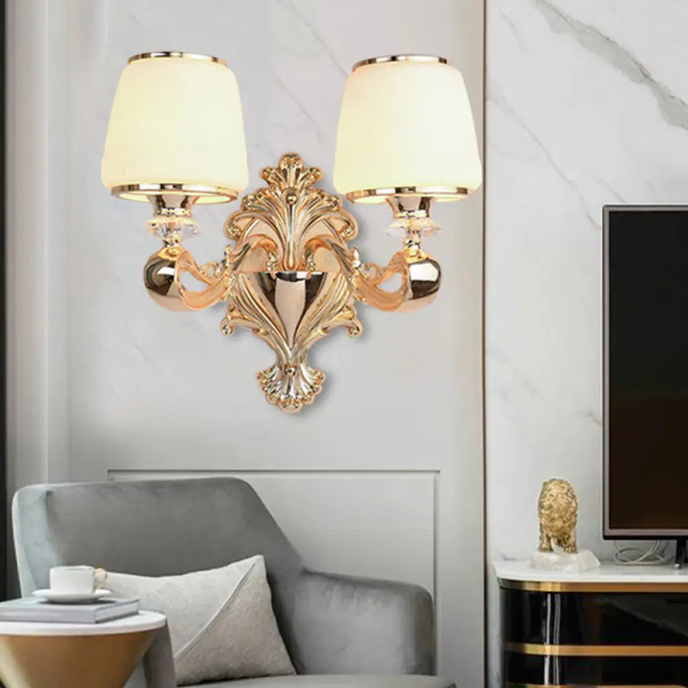 Opal Glass Sconce Lamp 1/2-Light Wall Fixture With Curvy Brass Arm For Classic Living Room Lighting