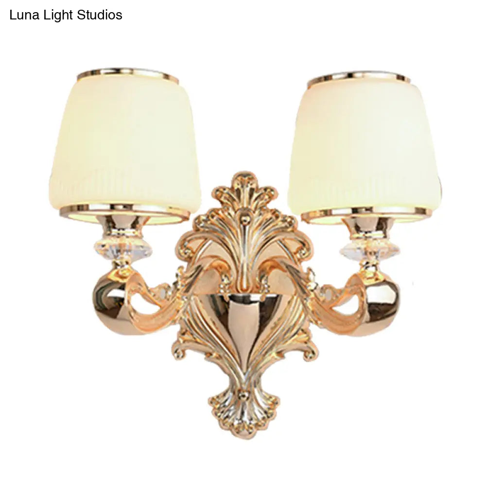 Opal Glass Sconce Lamp 1/2-Light Wall Fixture With Curvy Brass Arm For Classic Living Room Lighting