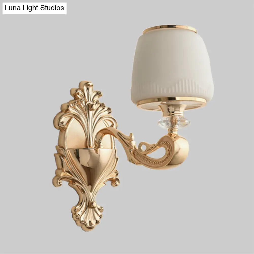 Opal Glass Sconce Lamp 1/2-Light Wall Fixture With Curvy Brass Arm For Classic Living Room Lighting