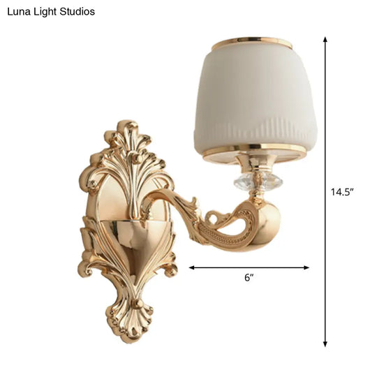 Opal Glass Sconce Lamp 1/2-Light Wall Fixture With Curvy Brass Arm For Classic Living Room Lighting