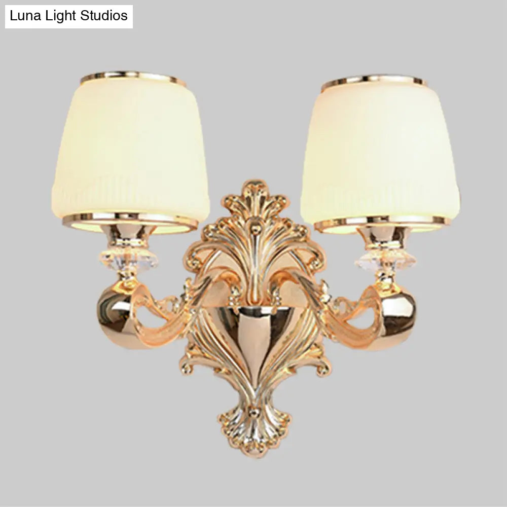 Opal Glass Sconce Lamp 1/2-Light Wall Fixture With Curvy Brass Arm For Classic Living Room Lighting