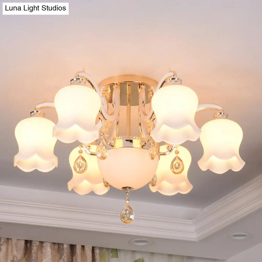 Opal Glass Semi Flush Ceiling Light With Crystal Drop - Traditional Scalloped Design In Gold 7 /