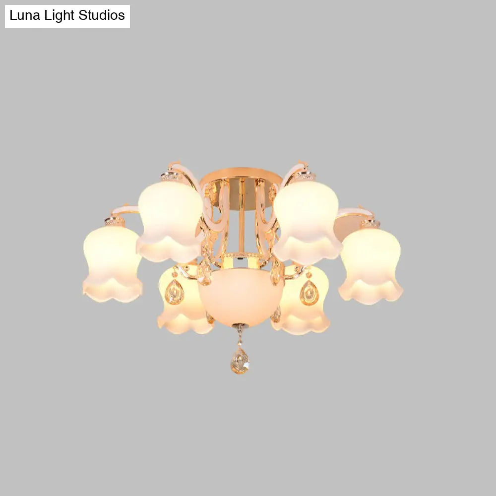 Opal Glass Semi Flush Ceiling Light With Crystal Drop - Traditional Scalloped Design In Gold