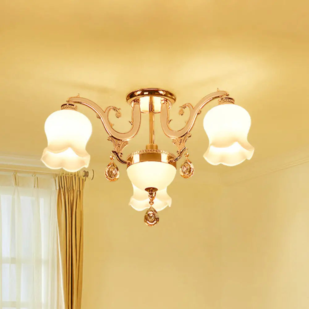 Opal Glass Semi Flush Ceiling Light With Crystal Drop - Traditional Scalloped Design In Gold 4 /