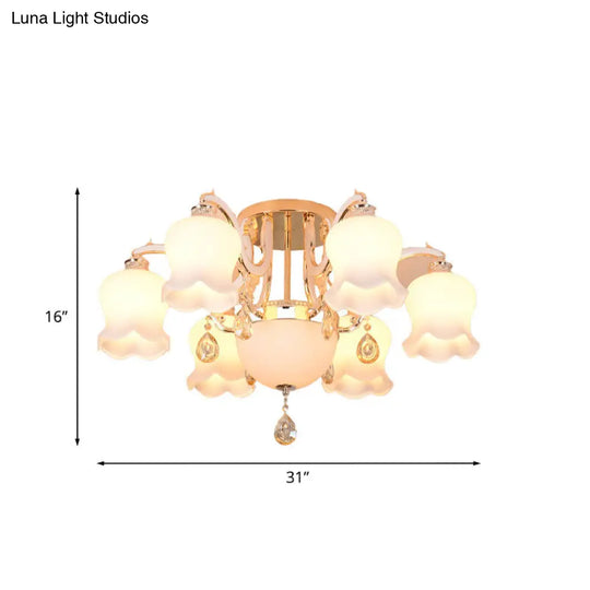 Opal Glass Semi Flush Ceiling Light With Crystal Drop - Traditional Scalloped Design In Gold