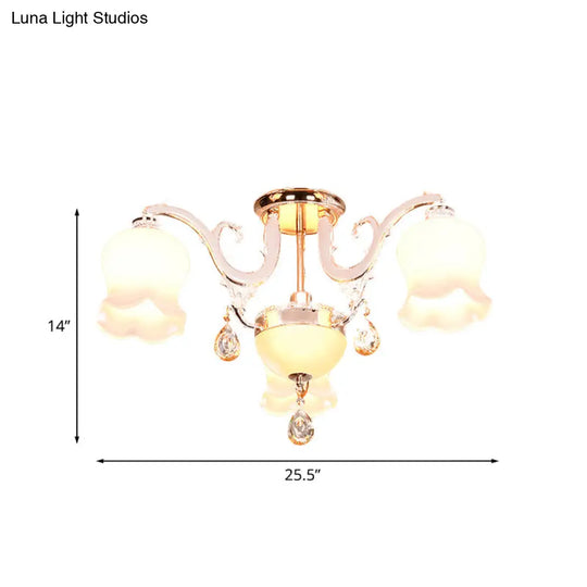 Opal Glass Semi Flush Ceiling Light With Crystal Drop - Traditional Scalloped Design In Gold