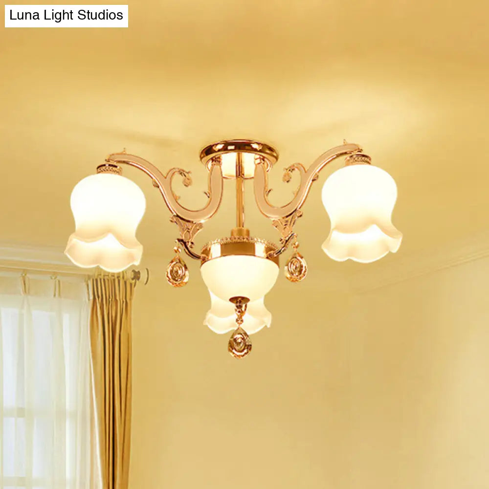 Opal Glass Semi Flush Ceiling Light With Crystal Drop - Traditional Scalloped Design In Gold 4 /