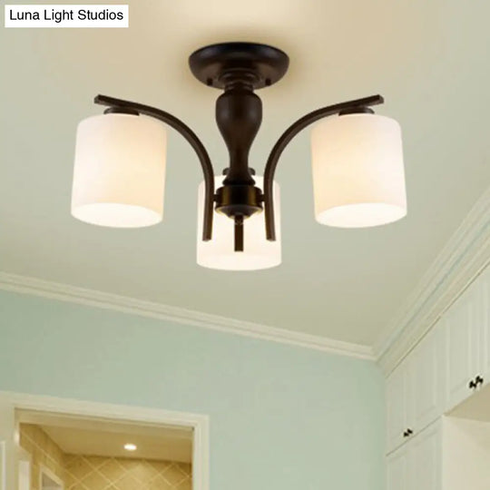 Opal Glass Semi Flush Mount Ceiling Chandelier - Classic Cylinder Design In Elegant Black 3 /