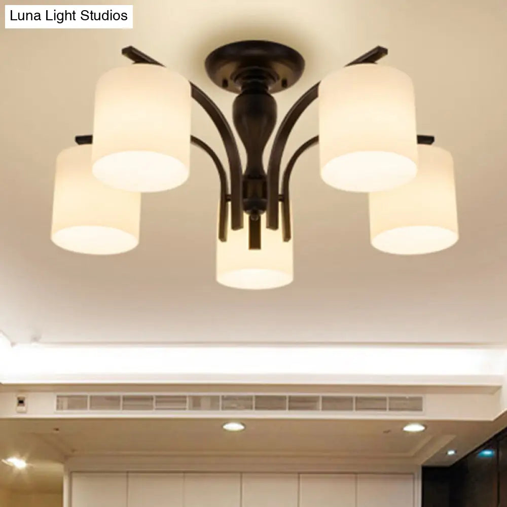 Opal Glass Semi Flush Mount Ceiling Chandelier - Classic Cylinder Design In Elegant Black