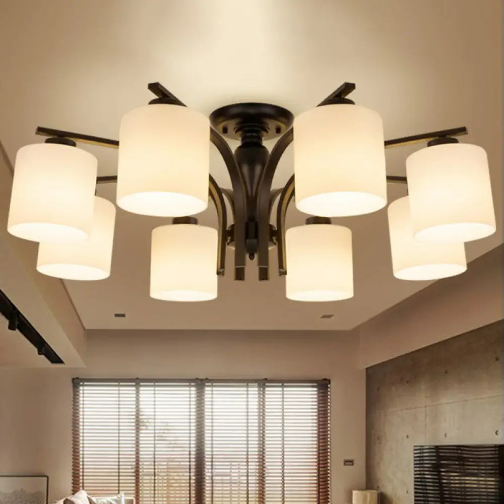 Opal Glass Semi Flush Mount Ceiling Chandelier - Classic Cylinder Design In Elegant Black 8 /