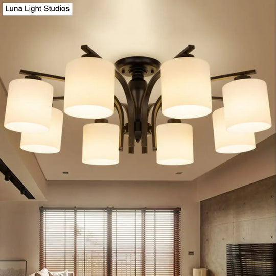 Opal Glass Semi Flush Mount Ceiling Chandelier - Classic Cylinder Design In Elegant Black 8 /