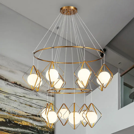 Opal Glass Shade Multi Light Pendant With Global Metallic Design For Living Room 14 / Gold Round