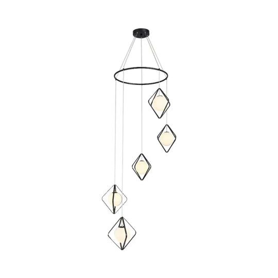 Opal Glass Shade Multi Light Pendant With Global Metallic Design For Living Room 5 / Black Round