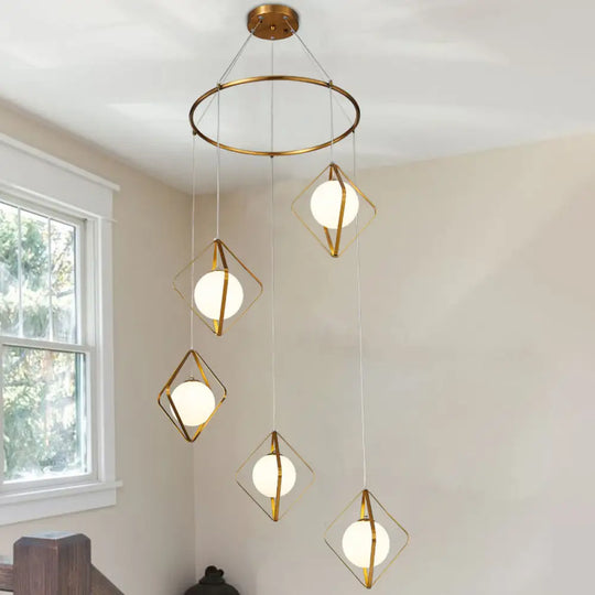 Opal Glass Shade Multi Light Pendant With Global Metallic Design For Living Room 5 / Gold Round