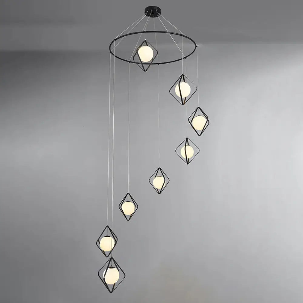 Opal Glass Shade Multi Light Pendant With Global Metallic Design For Living Room 8 / Black Round