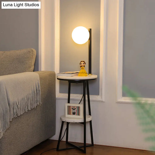 Opal Glass Sphere Floor Lamp With Marble Shelf - Elegant Black Standing Light For Living Room