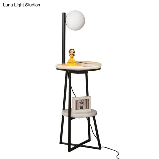 Opal Glass Sphere Floor Lamp With Marble Shelf - Elegant Black Standing Light For Living Room