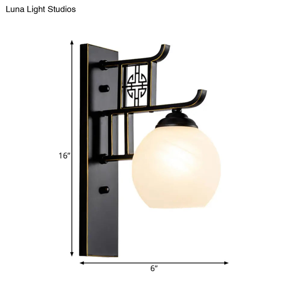 Opal Glass Spherical Bedside Sconce - Classic 1-Light Black Wall Mounted Lamp